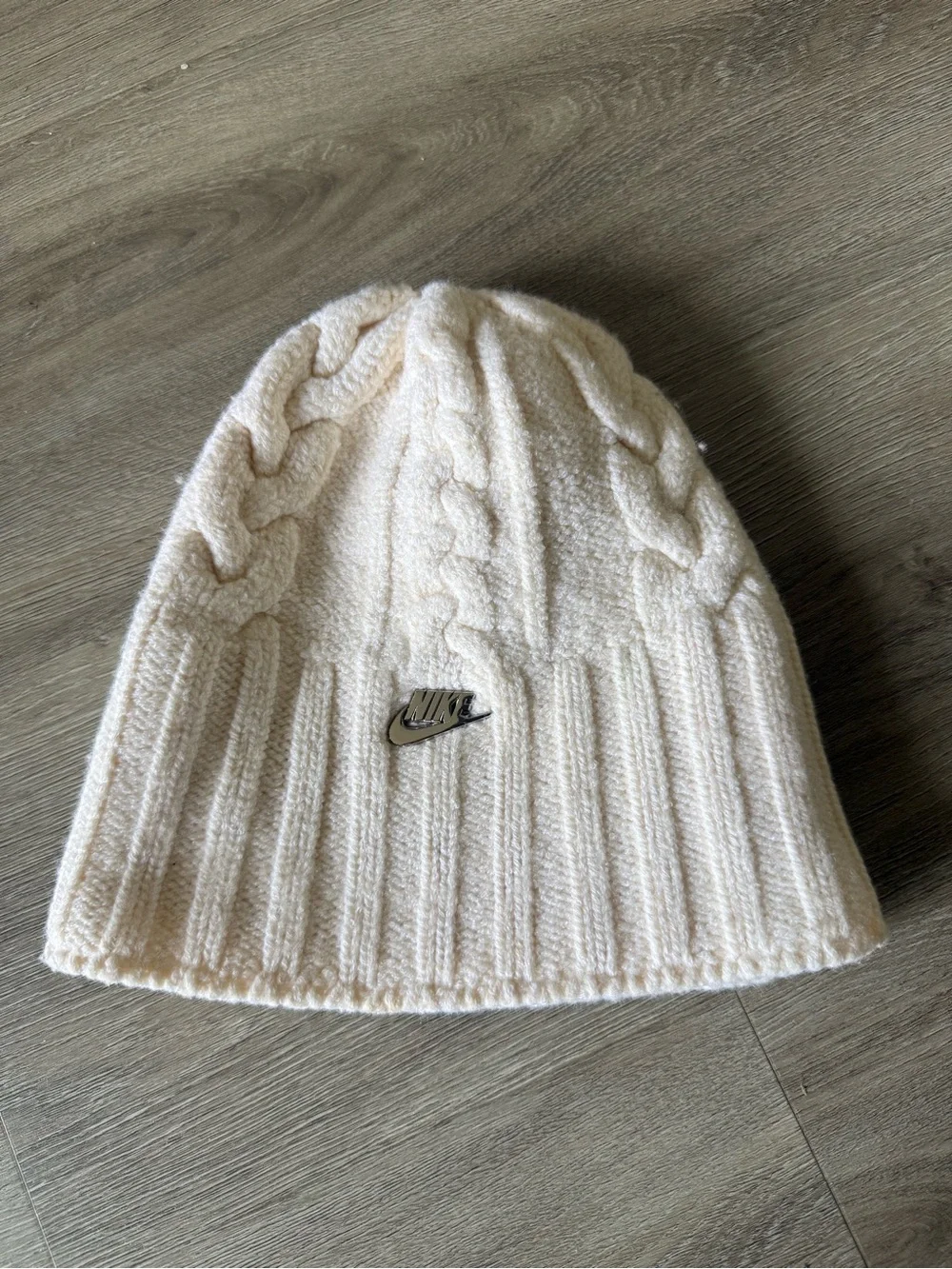 Nike Women’s Ivory Cable Knit Beanie with Metal Logo